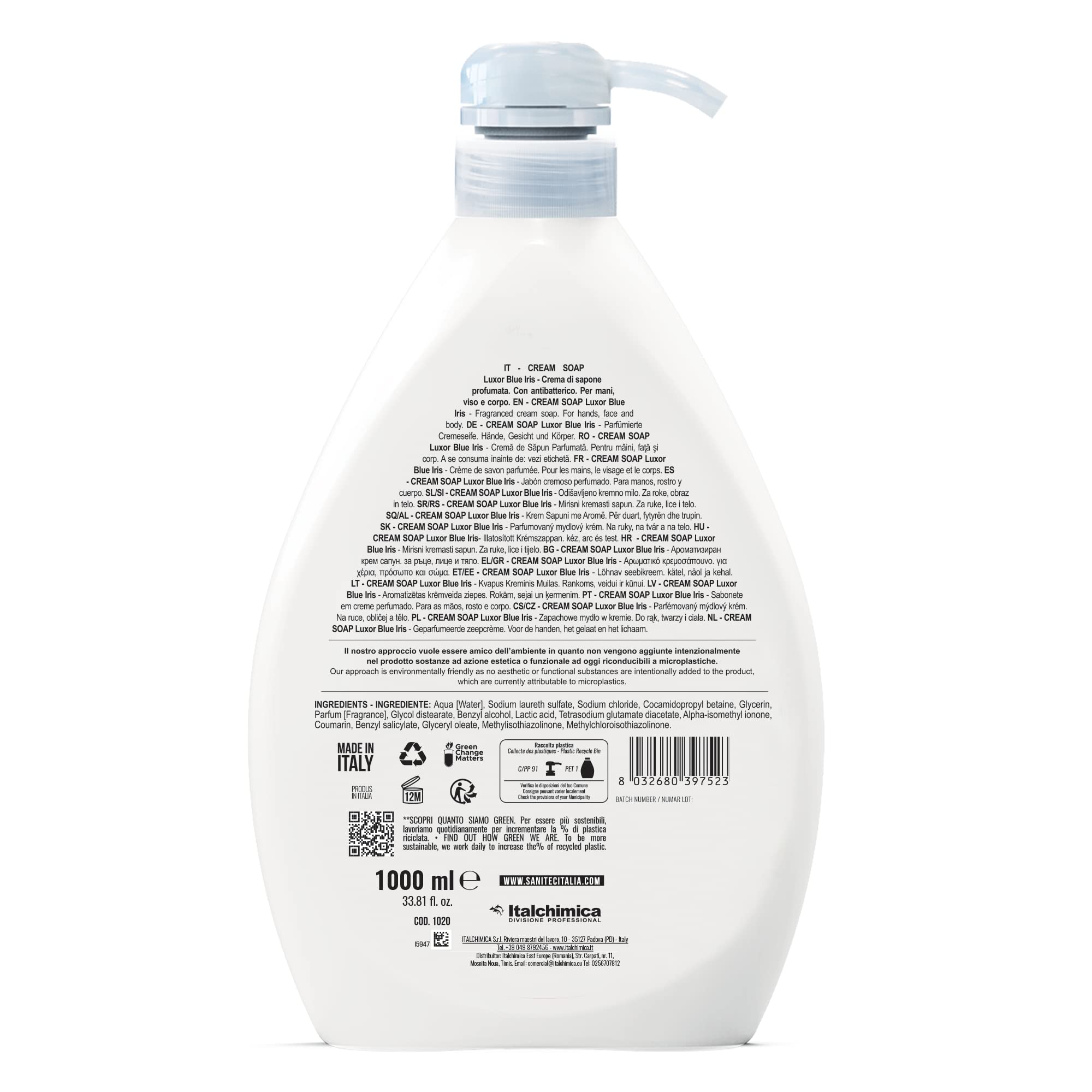 SANITEC igiene sicura Luxor Blue Iris, Crema di Sapone Profumata Idratante con Glicerina e Antibatterico, Deterge le Mani, pH 5.5, Dermatologicamente Testato, Made in Italy, 6 Flaconi da 1L 6000ml
