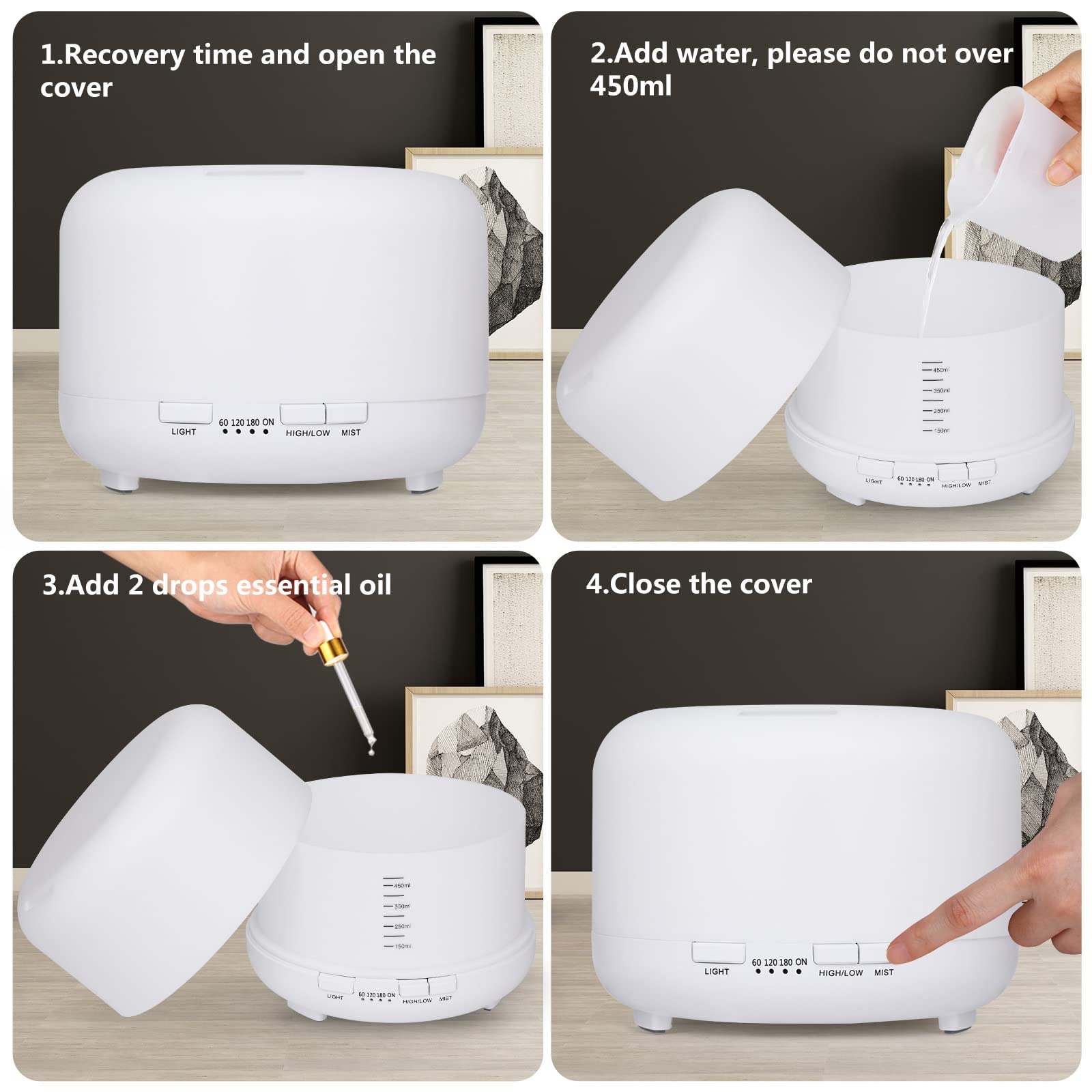 Hianjoo Aroma Diffuser Humidificador 450ml Humidificador Ultrasónico Aromaterapia Lámpara LED Colorida con Función Control Remoto para Yoga Salon SPA Vivir,Dormir, Bañarse, Hotel, Blanco Puro