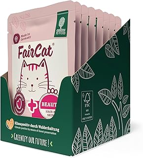 Green Petfood FairCat Beauty (8 x 85 g), Grain-Free Cat Food, Wet Cat Food with Animal Welfare Chicken and Salmon from Angrievous Husbandry, Cat Food with Hemp Oil for Beautiful Coat, Pack of 8 product image