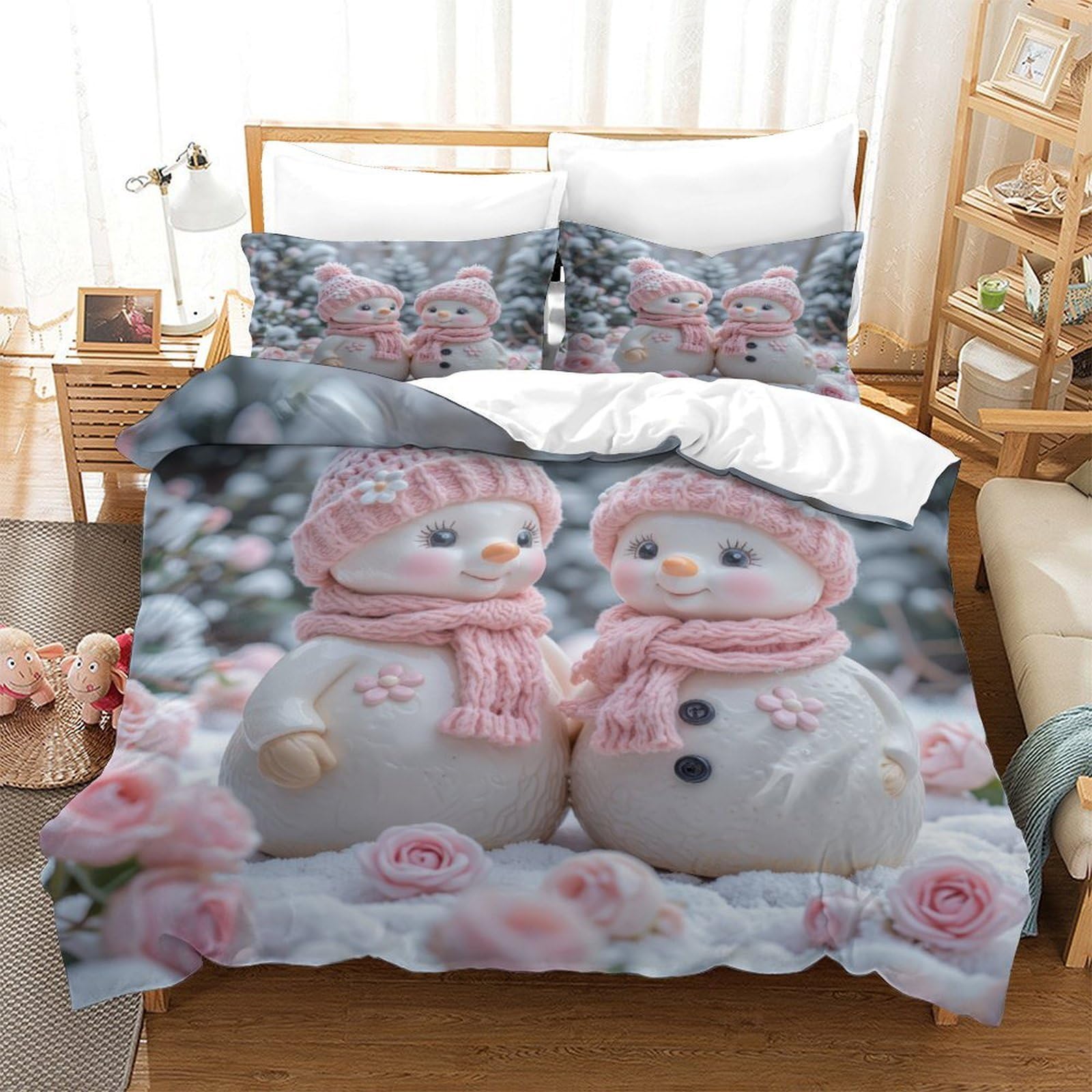 Winter Schneemann 3D Print Bettbezug Microfaser Schlafzimmer Deko Pärchen Schnee Bettwäsche Set Hautfreundlich Atmungsaktiv für Erwachsene Super King（260x220cm）