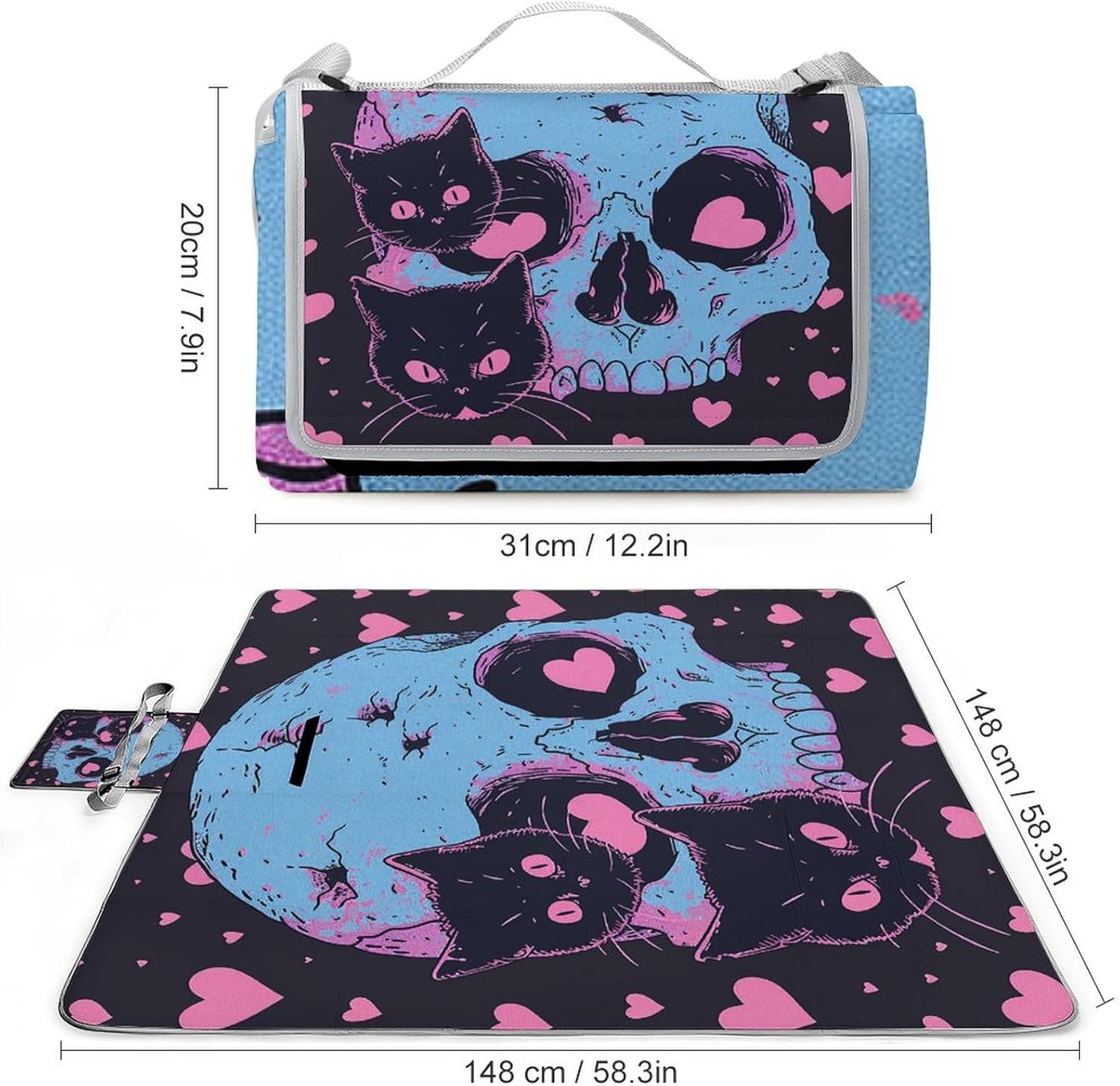 Outdoor Picnic Blanket Extra Large Beach Blanket Waterproof Picnic Mat There are Two Black Cats Camping Blanket Portable with Carry Strap Park Blanket for Grass Camping Park