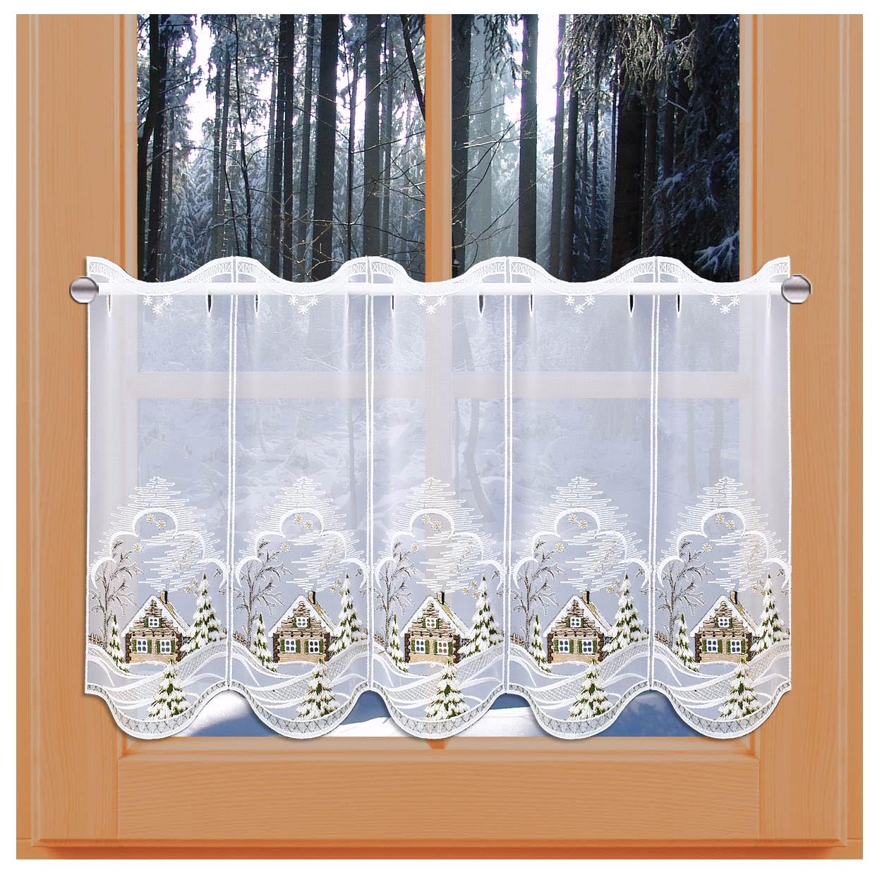 Scheibengardine Heimatliche Winteridylle Vogtländische Spitze - Scheibenhänger für Winter und Advent verschneite Berghütte - klassische Kurzgardine mit Lurex-Stickerei | Höhe x Breite 40 x 144 cm