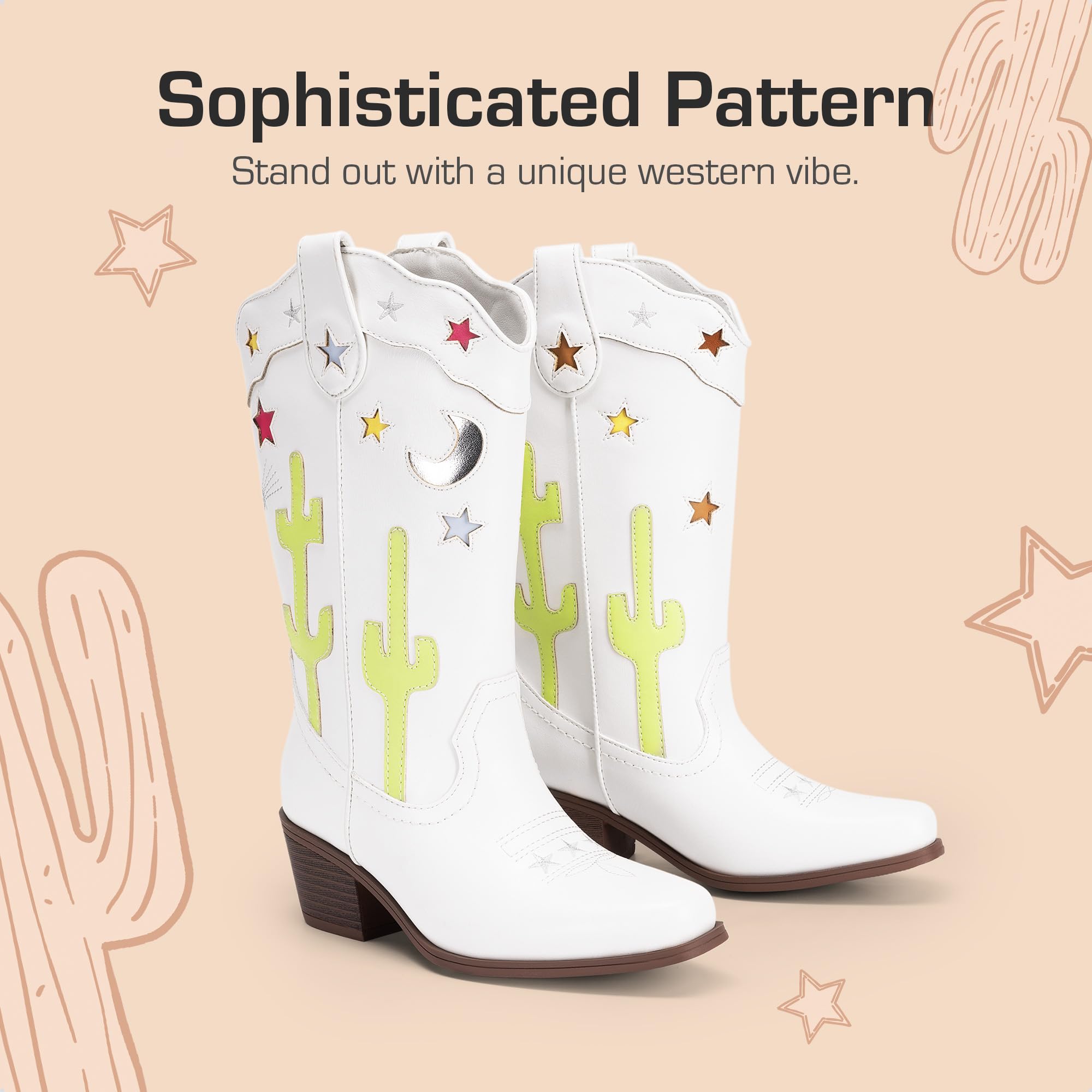DREAM PAIRS Bottes de cowboy mi-mollet pour filles avec talon bas et bout carré pour petit enfant/grand enfant