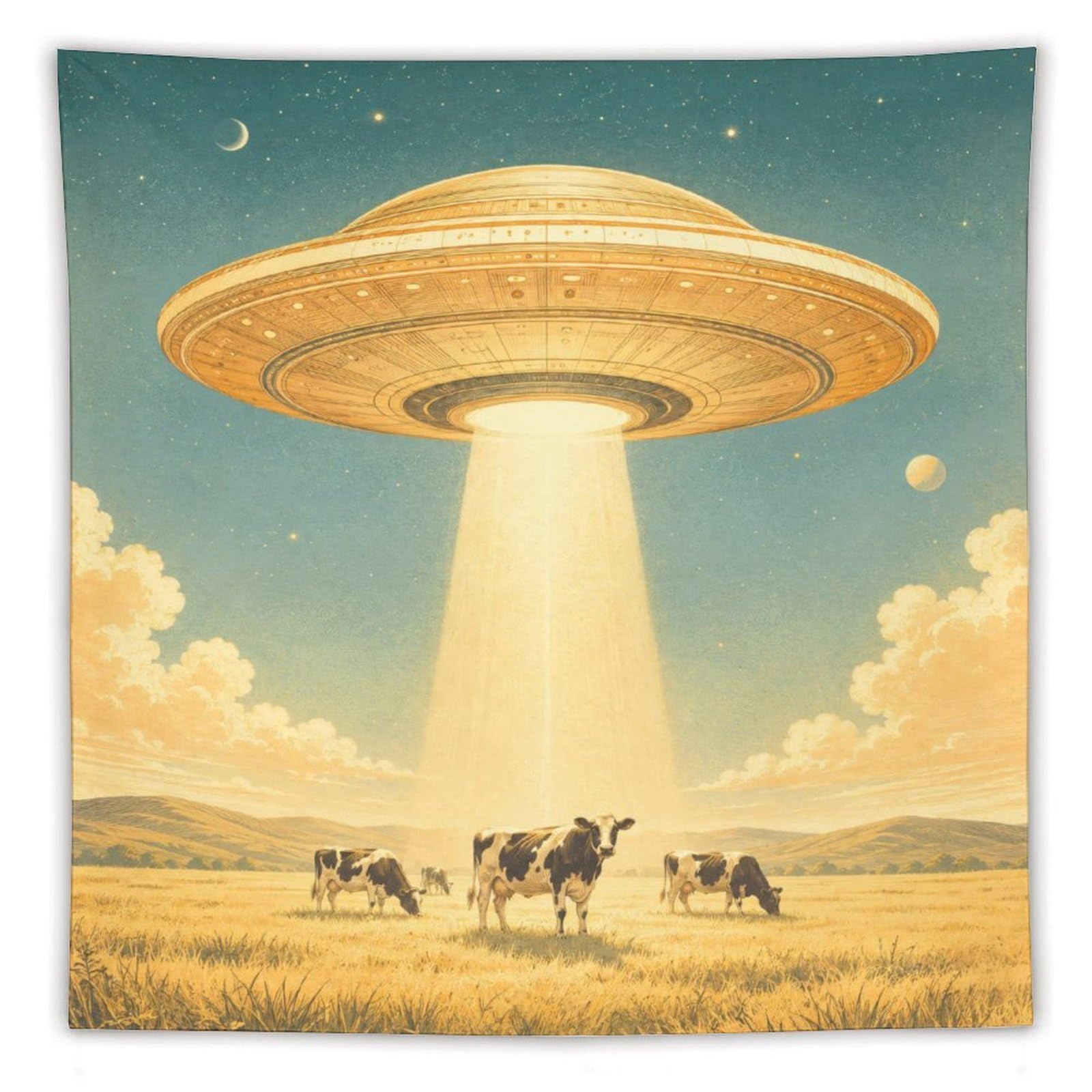 W7C8U2X3 UFO Cattle Wheat Field Wall Tapestry, Realistic Illustration