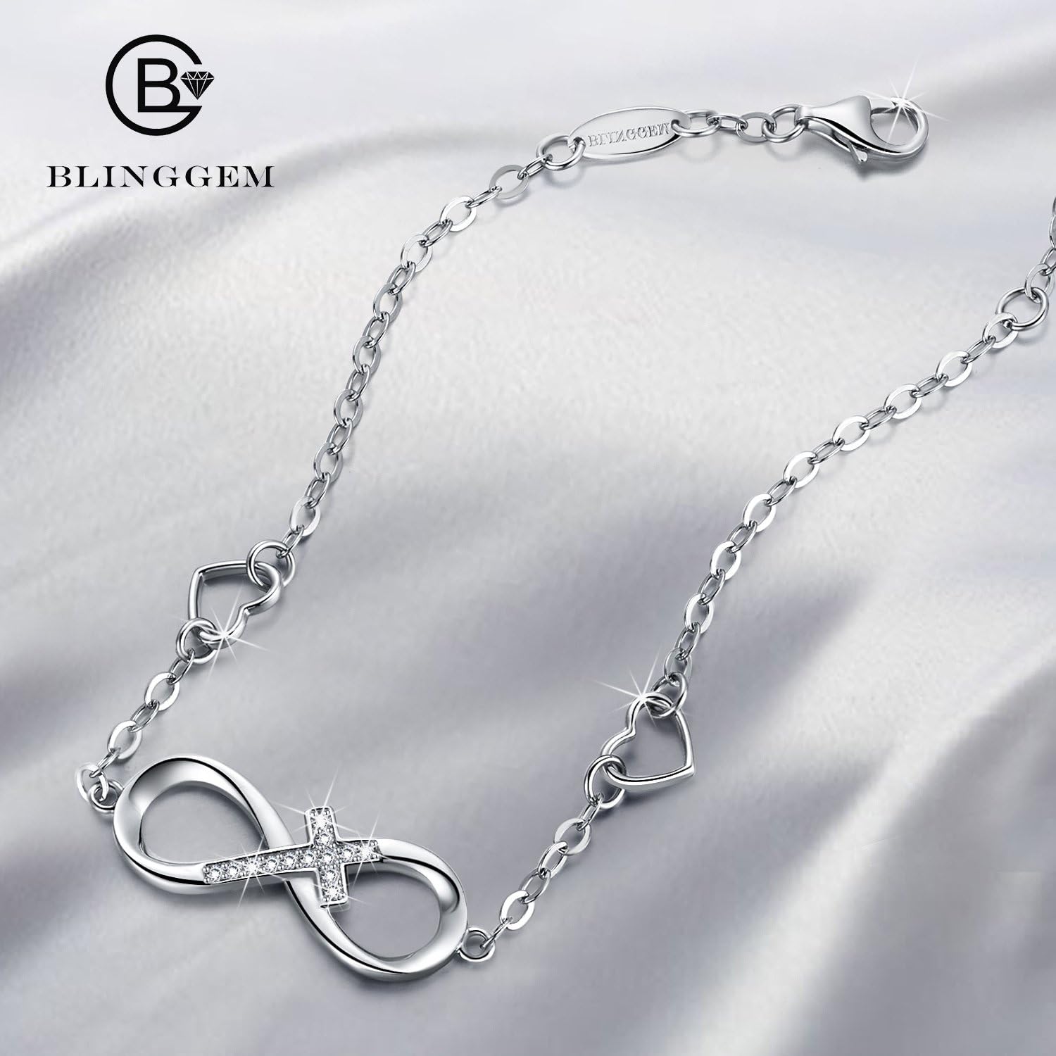 BlingGem Bracelet for Women Infinity Cross 925 Sterling Silver Cubic Zirconia Religious Cross Infinity Love Charm Bracelet Birthday Jewelry Gifts for Women Wife