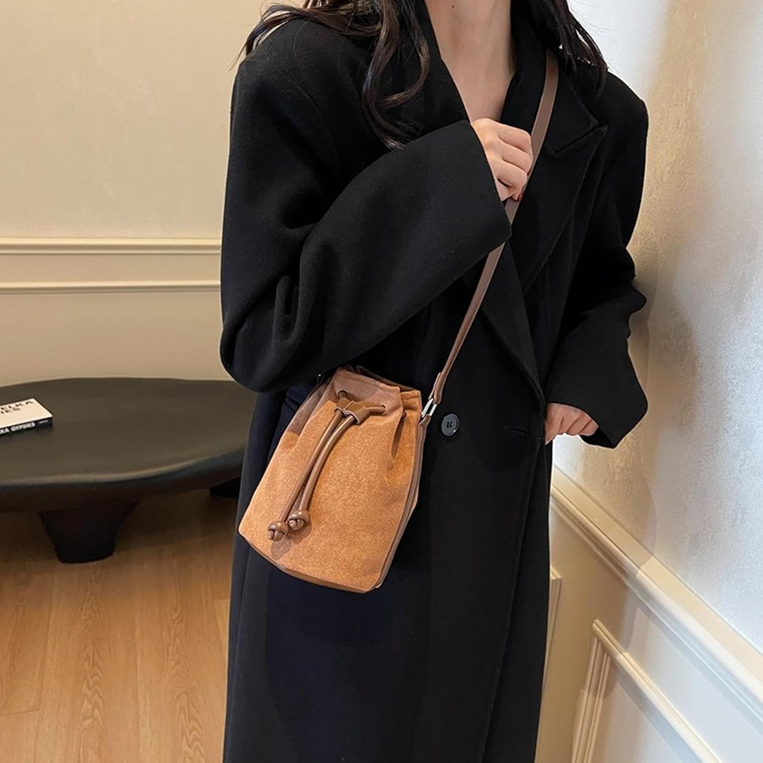 Retro Suedes Bucket Bag With Adjustable Drawstring Closure Fashion Crossbody Bag Phone Pouches For Everyday Essential - Image 8