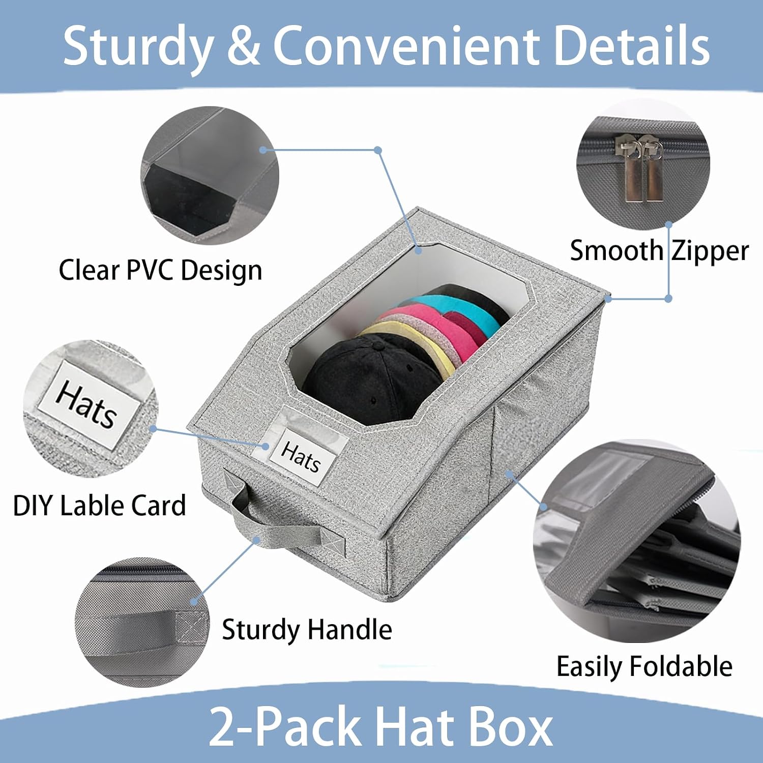 2 Pcs Stackable Baseball Cap Organizer, Washable Foldable Oxford Cloth, Smooth Durable Metal Zipper Hat Storage Holder for Closet, Holds 24 Caps with Large Clear Window, Hat Box for Home Storage image 3