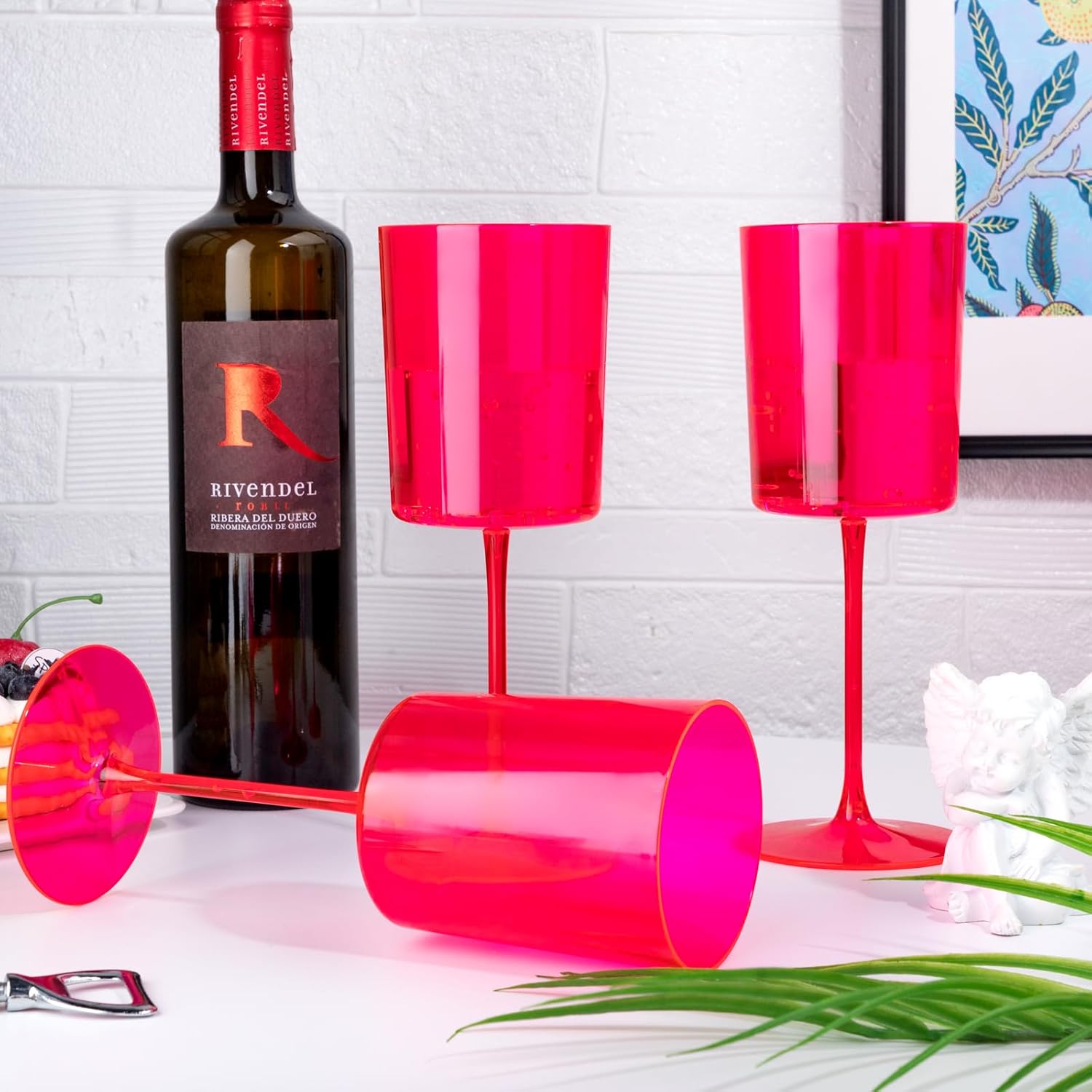 Ciaell 12 Pack Plastic Wine Glasses - 14Oz Hot Pink Plastic Wine Glasses With Stem - Disposable Stemmed Cups for Parties & Weddings & Valentine's Day - Image 4