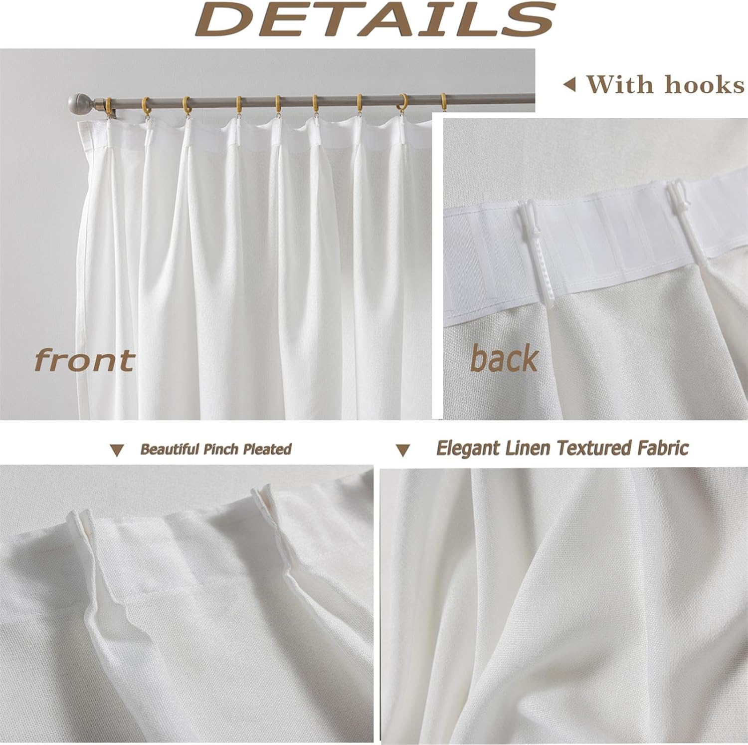 White Semi Sheer Curtains 108 inch Length for Living Room, Textured Linen Blended Pinch Pleat Light Filtering Curtains, Boho Extra Long Window Curtain for Bedroom Drapes, 1 Panel Thick White 52"W x 108"L (Pack of 1)