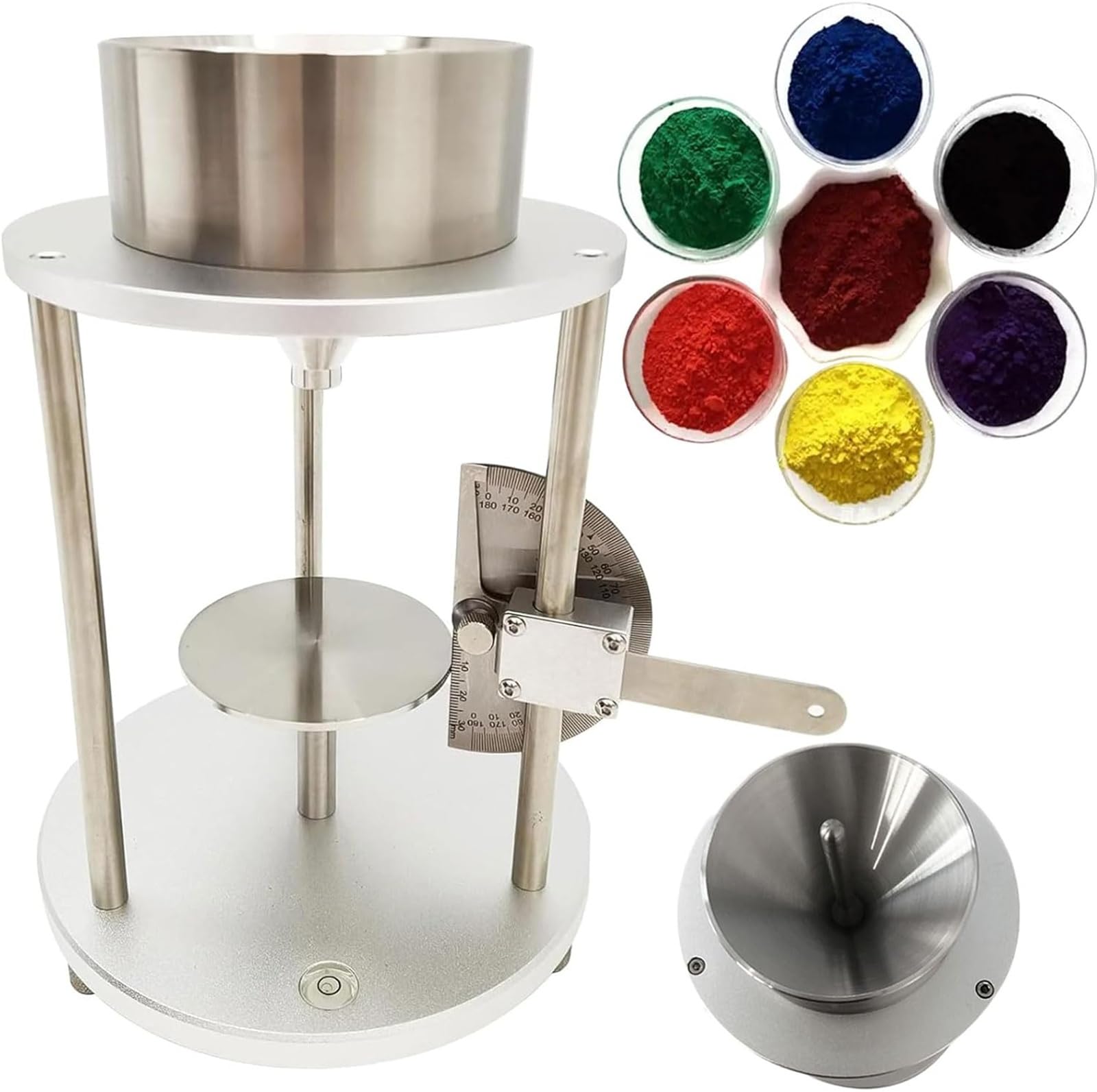 Tester powierzchni cząstek stałych, regulowany tester kąta spoczynku kątomierza z lejkiem, okrągły dysk o średnicy 80 mm, stożek 60° ± 0,5°, stal nierdzewna