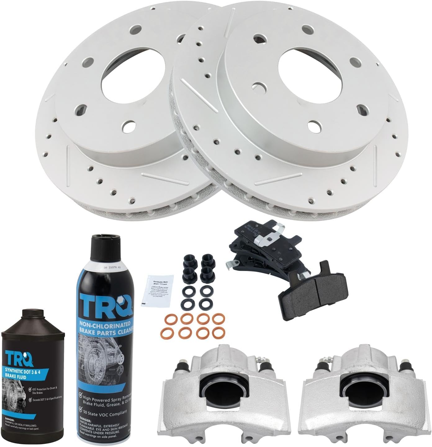 TRQ Front Performance Brake Pad & Rotor Kit Semi-Metallic Premium G-Coated Slotted X Drilled Compatible with 92-94 Blazer 99-00 Escalade 88-98 K1500 92-99 K1500 Suburban K2500 95-00 Tahoe 92-00 Yukon