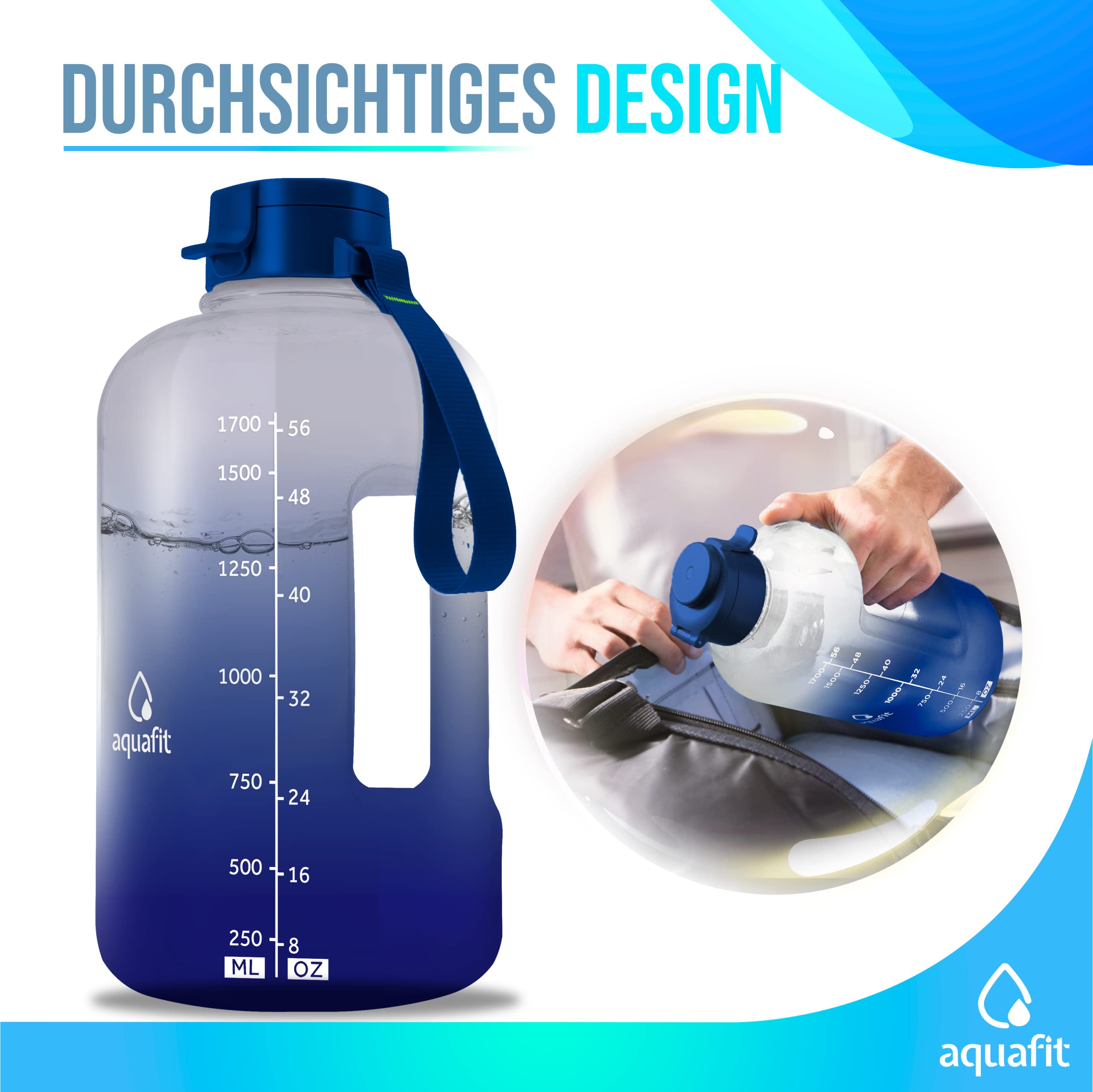 AQUAFIT Trinkflasche 2,3 Liter mit Strohhalm - Halbe Gallone Trinkflasche - Trinkflasche Fitness mit Zeit Markierungen - Großer Water Jug Trainingsflasche für Sport | BPA-freie Wasserflasche mit Strohhalm und Trinkdeckeln – auslaufsichere Fitness-Wasserfl