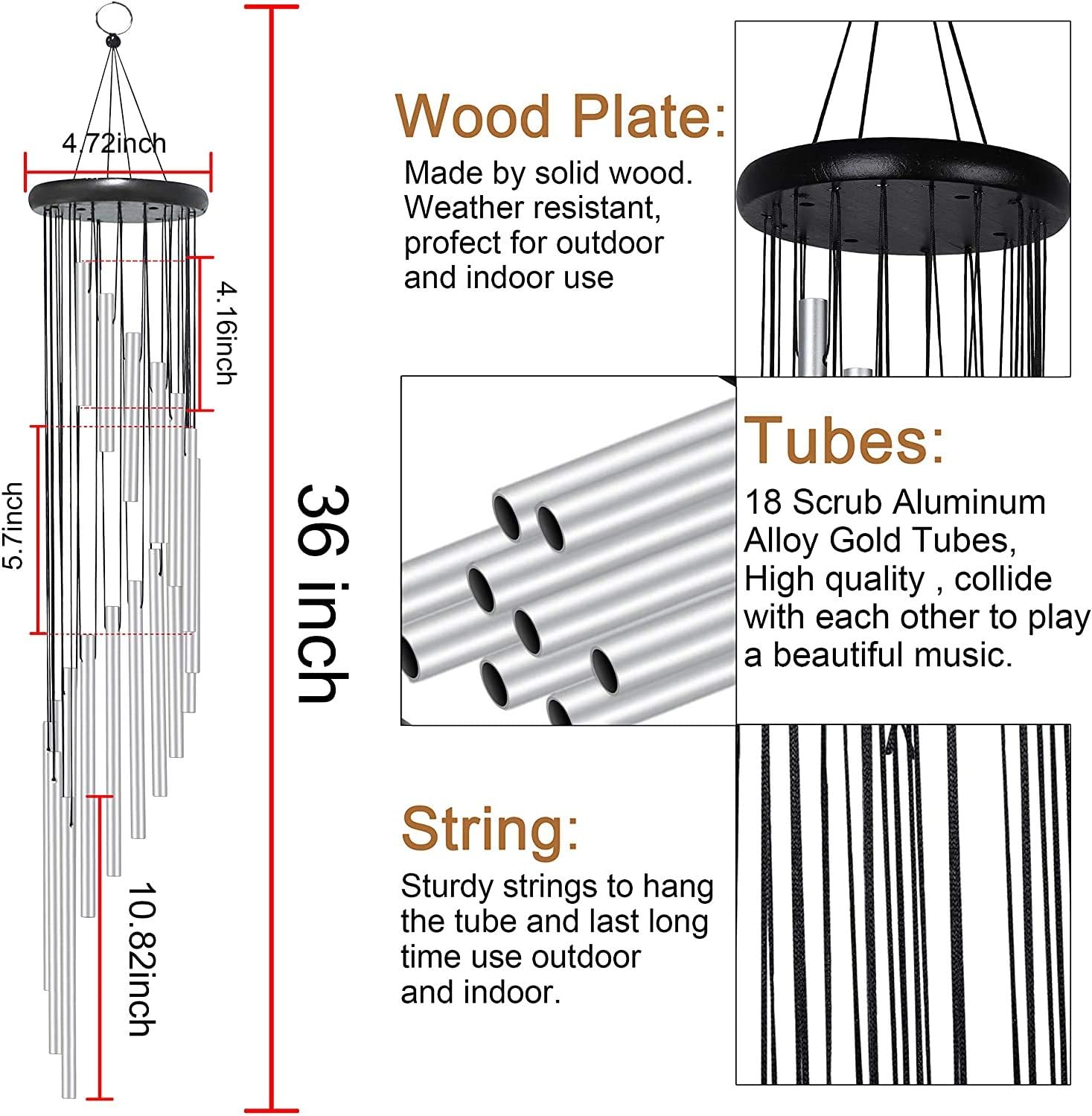 Wind Chime Outdoor Large Sliver Aluminium Tube Wind Chime Solid Wood and 18 Scrub Aluminum Alloy Gold Tubes Wind Chime 36’’ Large Sliver Wind Chime for Party, Garden, Decor, Gift etc (Silver)