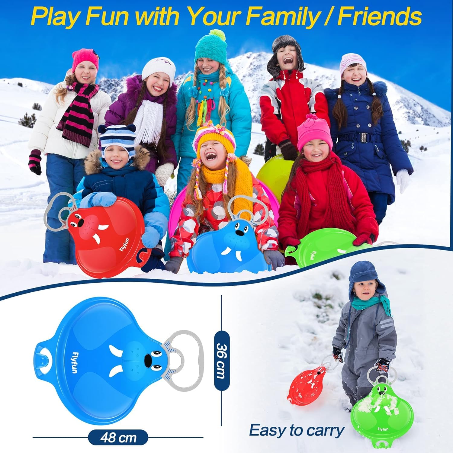 Trineo de Nieve para Niños 48×36cm, Juego de Trineo Bob Plástico, Tobogán de Nieve