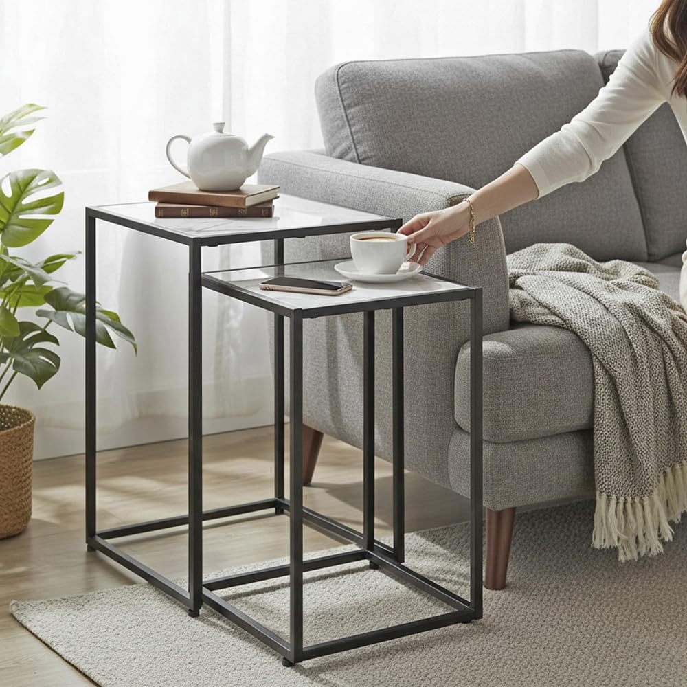 HAKU Set di 2 tavolini nero bianco finto marmo metallo tavolino da salotto - Dimensioni: L 28/33 x A 43/50 x P 28/33 cm Stile: Art Déco