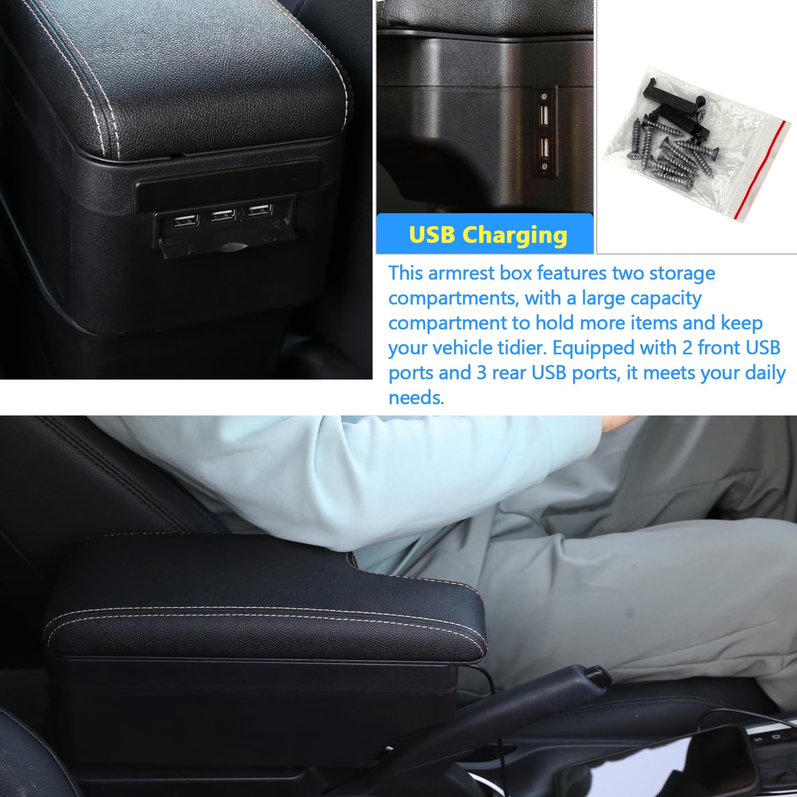 YJYWZH compatibile con FIAT 500 Bracciolo Auto Centrale 2012-2024 Braccioli, con Base di Montaggio Dedicata, 5 Porte USB, Doppio vano Portaoggetti Nero con Cuciture Bianco