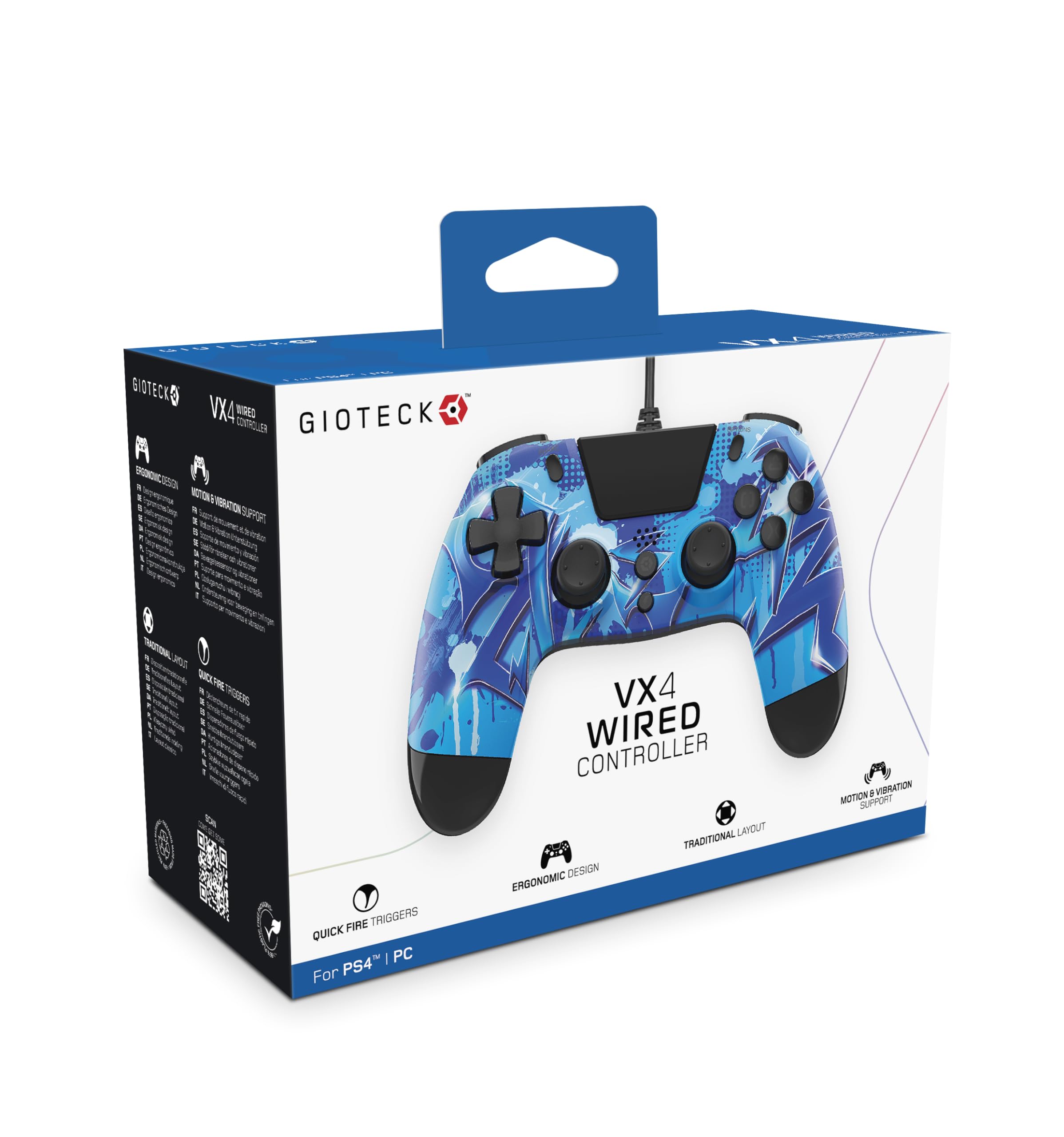 Gioteck - VX4 Manette Bleue filaire pour PS4 et PC. Contrôleur, Gamepad, Joystick Support de mouvement et de vibration. Design ergonomique. Blue Lightning