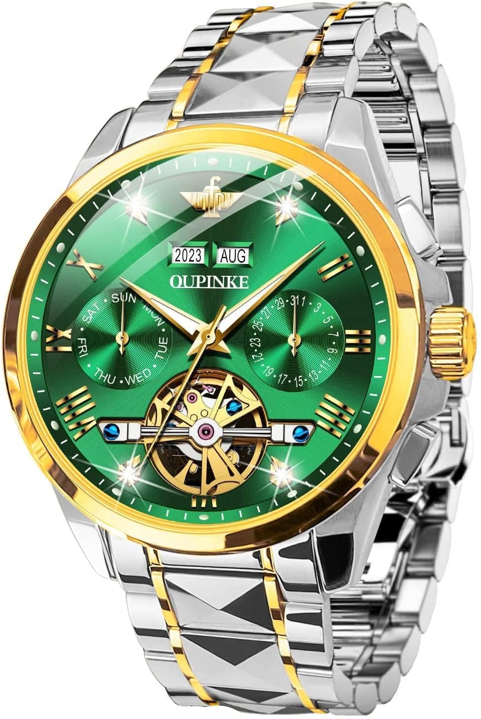 OUPINKE Automatic Watches for Men Skeleton Mechanical Self Winding Luxury Business Dress Wrist Watch Diamond Tungsten Steel Sapphire Crystal Calendar Waterproof Luminous
