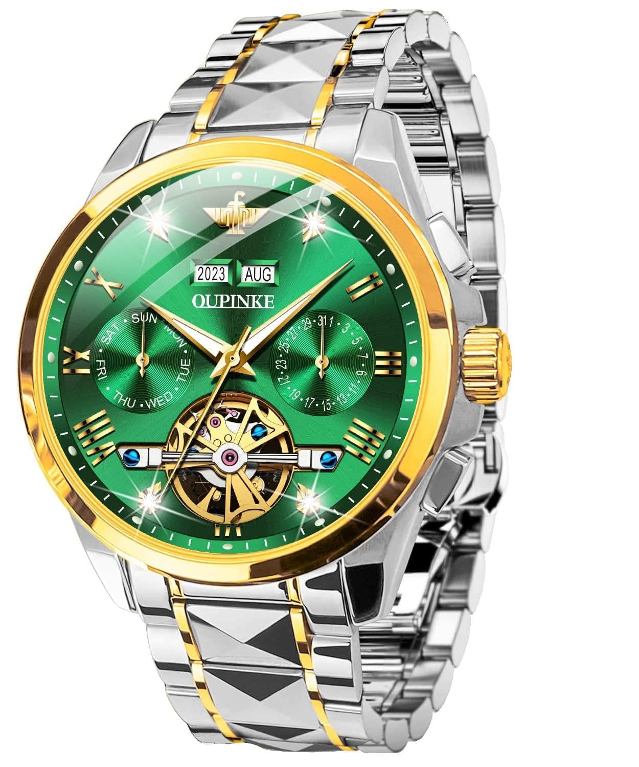 OUPINKE Relojes automáticos para hombre, esqueleto, mecánico, cuerda automática, reloj de pulsera de lujo, vestido de negocios, diamante, acero de tungsteno, cristal de zafiro, calendario, Correa de