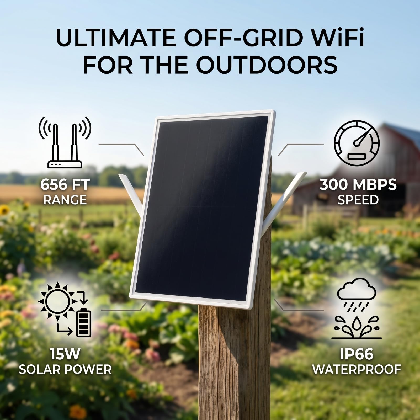 Estensore WiFi Solare da Esterno da 15 W, Ripetitore Segnale Router WiFi Solare, Ampia Copertura 200 M, impermeabilità IP66, Batteria da 26000 MAh, Antenna Ad Alto Guadagno per
