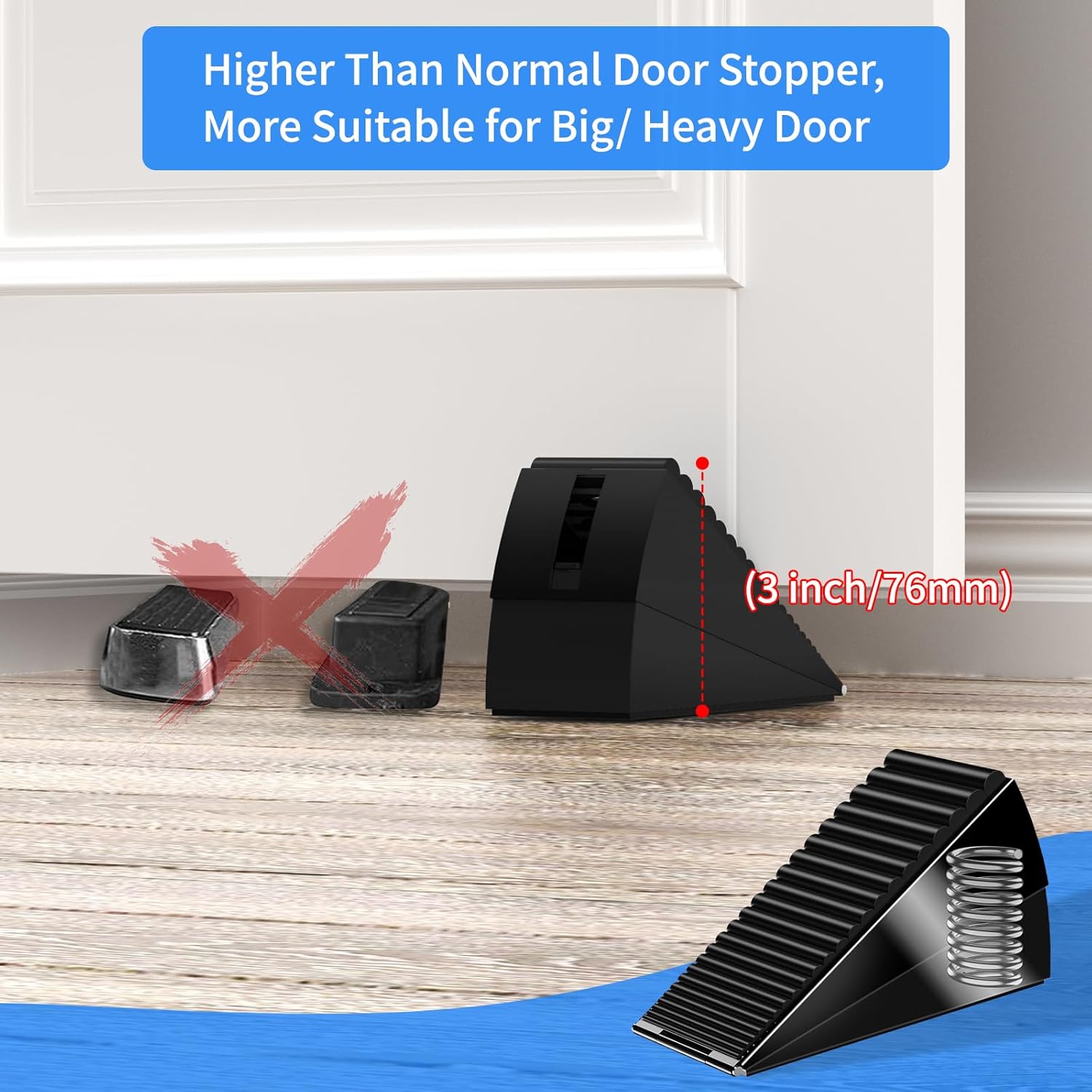 2 Pack Heavy Duty Door Stoppers for Bottom of Door, 3 Inches High Adjustable Spring Large Door Stop Wedge, Non-Slip Rubber Grip, Tall Metal Doorstop Suits Home, School, Carpet, Tile, Wood
