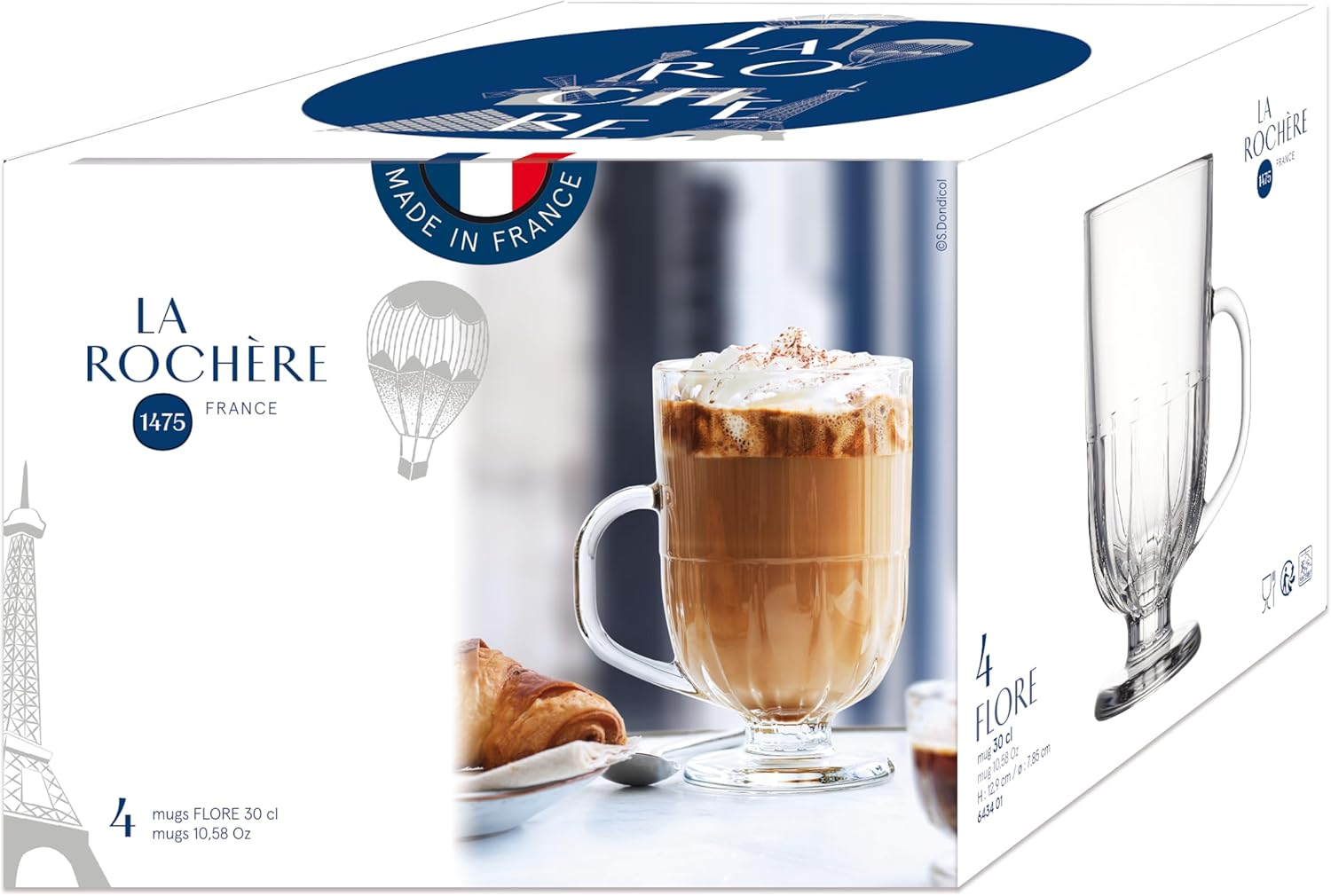 La Rochere Flore Coffee Mugs Set of 4 – French Pressed Glass Art Deco Glassware with Geometric Floral Design & Stemmed Base – Elegant French Mugs for Coffee, Tea, Latte & Everyday Moments (10 oz)