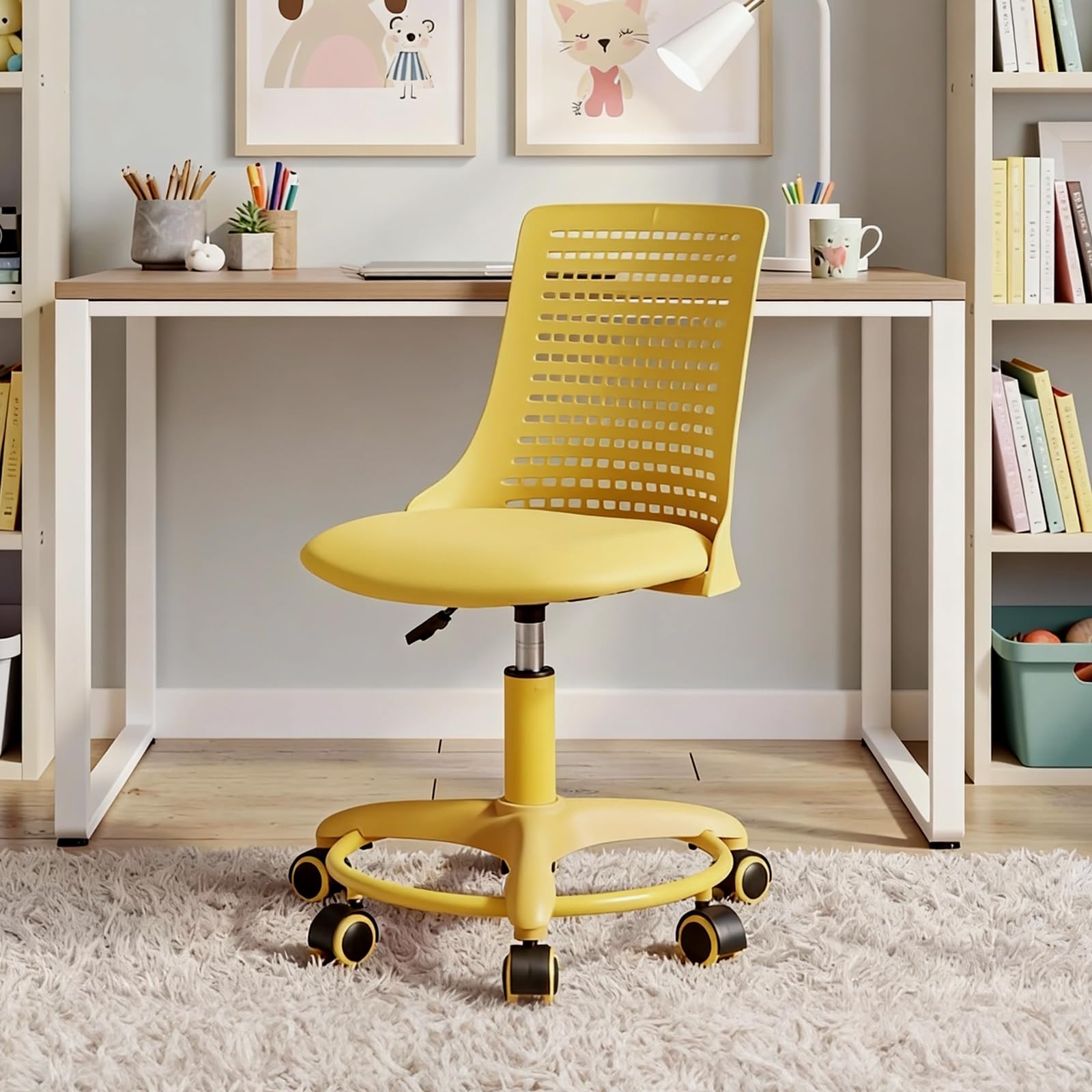 Ya-Home Sedia da Scrivania per Bambini Sedia Girevole Regolabile in Altezza Sedia Studio Bambina senza Braccioli Sedia Gioco Bambino con Schienale Sedia Bambini con Poggiapiedi per Cameretta, Giallo