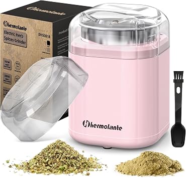 Hermolante Herb and Spice Grinder, 200W Electric With Stainless Steel Blade, Cleaning Brush - Compact Size 5.11in Pink