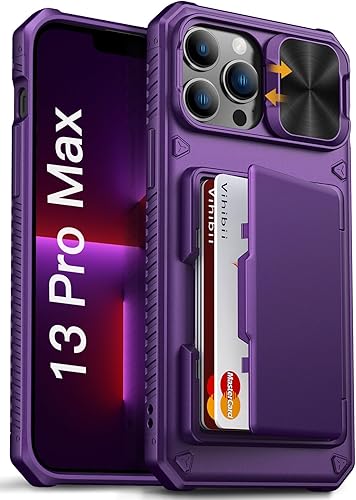 Miniatura 8 de Vihibii Funda para iPhone 15 Pro Max con tarjetero (4 tarjetas) y cubierta deslizante para cámara y soporte, protección contra caídas de grado