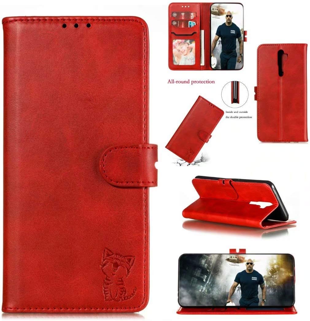 nh Case for Oppo A9 2020 Leather Case, Leather Wallet Flip Cover [with Screen Protector] with Viewing Stand and Card Slots Shockproof Cover, for Oppo A9 2020 - Red