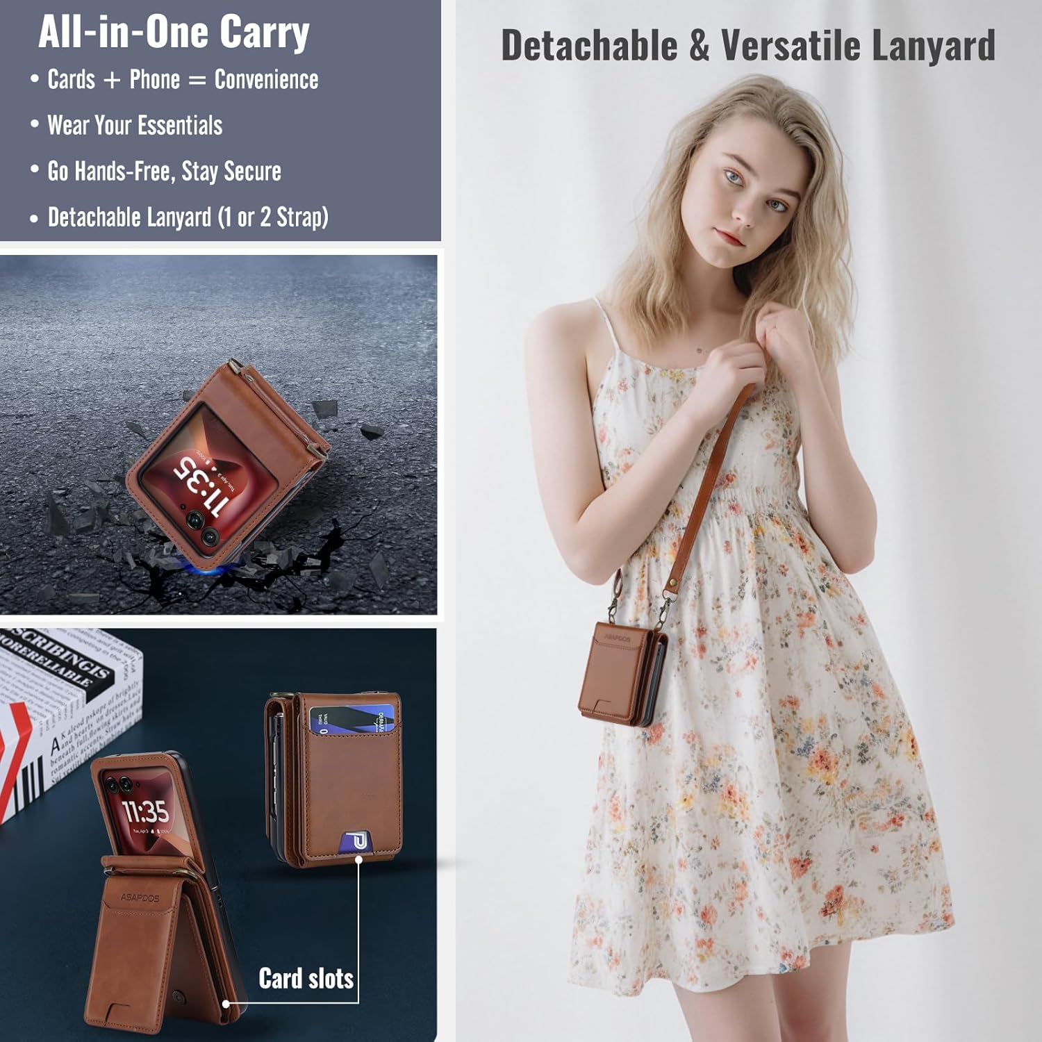 ASAPDOS for Motorola RAZR 2024/2025+ Plus PU Leather Wallet Phone Case with Card Slots (Holds 4-5 Cards), Anti-Drop Protection, Wrist & Shoulder Strap Brown