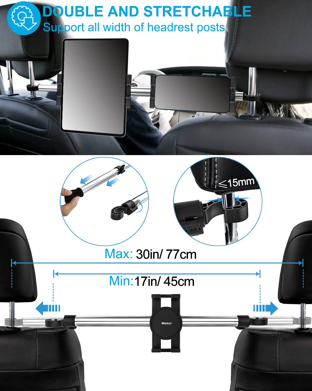 Support Tablette Voiture Pour Appui-tête - Réglable 5,3 à 10,2 Pouces, Rotation 360°, Fixation Sans Outil, Pour Passagers Arrière