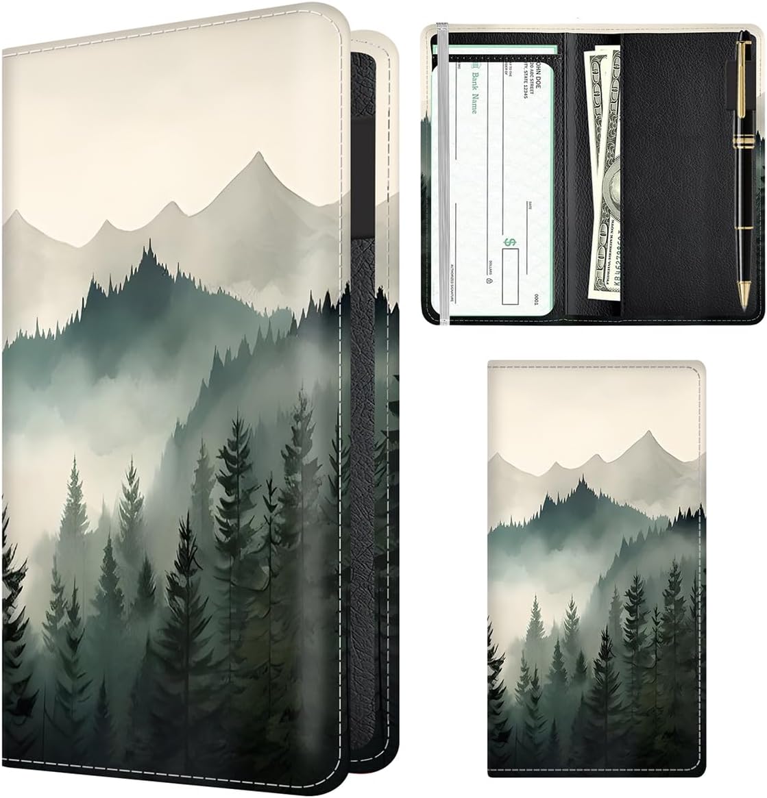 Checkbook Cover for Personal Checkbook, Cute PU Leather Check Book for Women & Men, Slim Checkbook Holder with Pen Holder and Built-in Clear Plastic Divider Black Celestial Moon