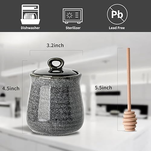 Vista 11 de Hasense Maceta de cerámica para miel con tapa, tarro de miel de 12 onzas con vaso de madera, juego de palitos y frascos de miel, lindo recipiente
