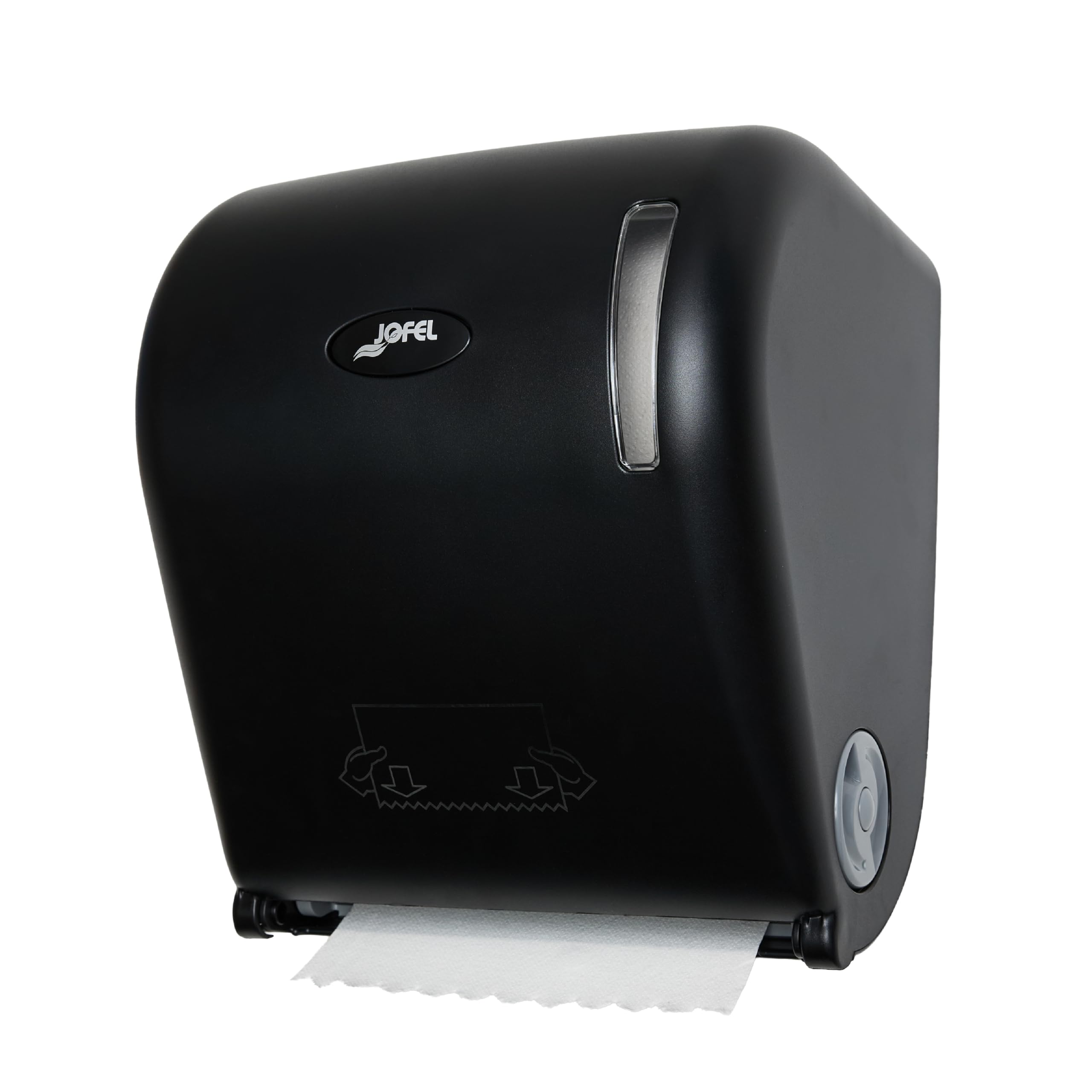 Jofel - Dispenser di carta bobina continua, diametro tra 170-210 mm, servizi pre-tagliati da 20 cm, senza leva, massima igiene e risparmio, realizzato in ABS riciclato nero opaco, AGR54600-MT