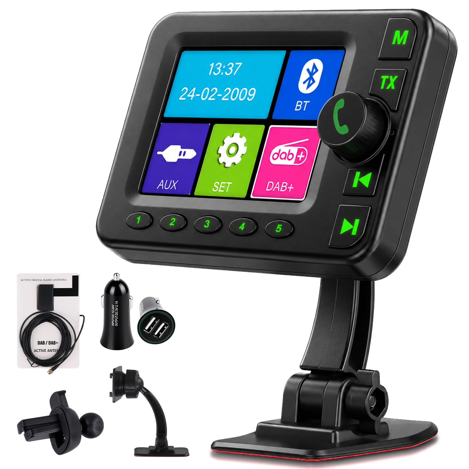 VECHTEL Radio digitale DAB/DAB+ e Bluetooth con schermo da 2,8 pollici, trasmettitore FM, due tipi di supporto, AUX, alimentatore per accendisigari, ideale per viaggi e attività all'aperto