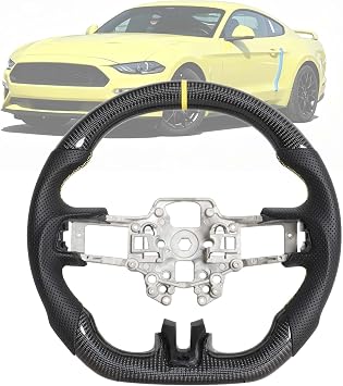 Carbon Fiber Steering Wheel for Ford Mustang 2018-2023 Yellow Center Stripe & Stitching D-Shape Steering Wheel with Nappa Perforated Ergonomic Grip for Mustang EcoBoost/GT/V6/Shelby GT350/GT350R