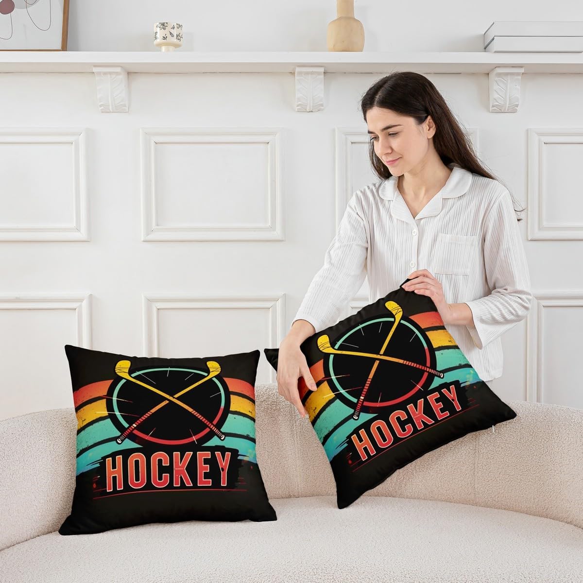 Manfei Hockey Throw Pillow Cover Ice Hockey Sports Theme Double Sides Pillow Case for Kids Boys Girls Room Decor,Winter Event Ball Gaming Cushion Cover for Bed Couch Sofa,1 Pack 18"x18" image 3