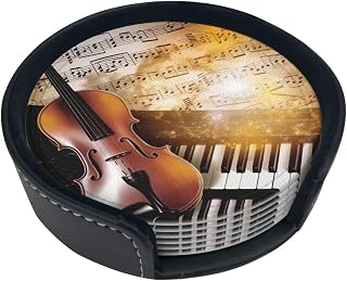 Coasters for Drinks Set of 6 Waterproof Insulated Mug Cup Coasters with Holder Non-Slip Piano Violin Music Notes Car Coasters for Office Coffee Table Home Decor
