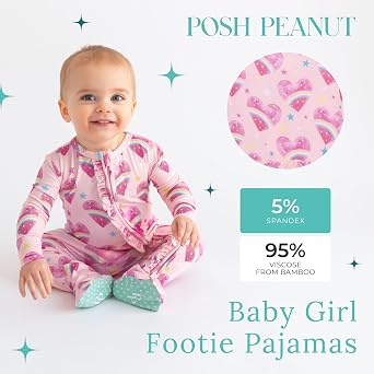 Posh Peanut Footie Pajamas for Baby Girls, Soft Viscose Derived from Bamboo | Footed Grips, True To Size Snug Fit, And Easy Care Wash, Ruffle Bodice With 2-Way Zipper for Easy Access,