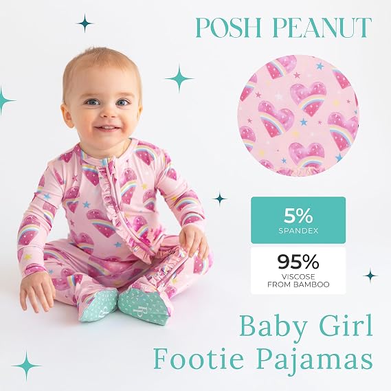 Posh Peanut Footie Pajamas for Baby Girls, Soft Viscose Derived from Bamboo | Footed Grips, True To Size Snug Fit, And Easy Care Wash, Ruffle Bodice With 2-Way Zipper for Easy Access,