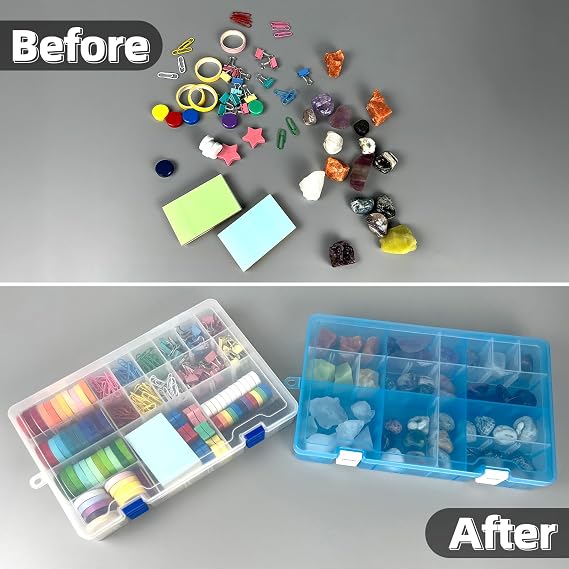 Qualsen Storage Boxes with Lids, Plastic Clear, 34 Compartments, Blue 1PC | Organiser Box with Compartments Adjustable for Beads, Jewelry, Fish Bait, Screws, and Craft Accessories