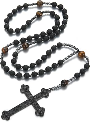 Rosary Beads, Black Rosary for Men, Rosarios Catolicos Para Mujer,Long Cross Necklaces, Prayer Beads Christian Necklace