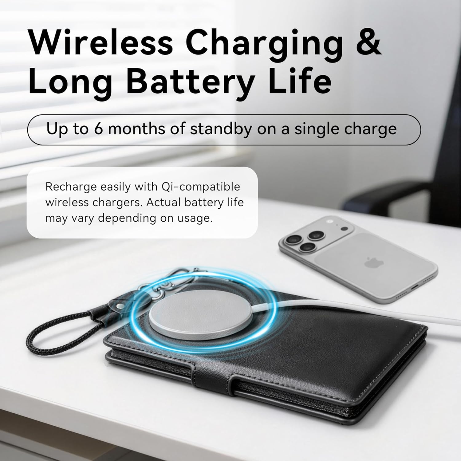 Apple MFi Certified Passport Cover with Find My Compatibility, RFID Blocking Passport Holder Travel Wallet with Lanyard, Card Slots, Ticket & Cash Pocket, PU Leather, Rechargeable(Black)