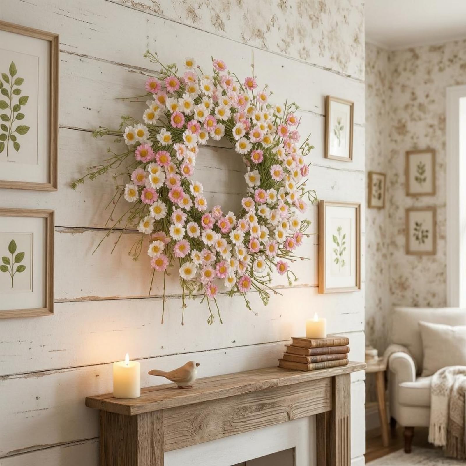 Ghirlanda Floreale Ghirlanda Porta Ghirlanda Fiorita Corona Decorativa con Fiori Artificiali in Plastica Contrasto Delicato con Centro Giallo Aspetto, Rosa, 45cm