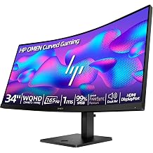 HP OMEN 34" Curved Gaming Monitor, WQHD 3440 x 1440, 165Hz, VA Panel, 1ms