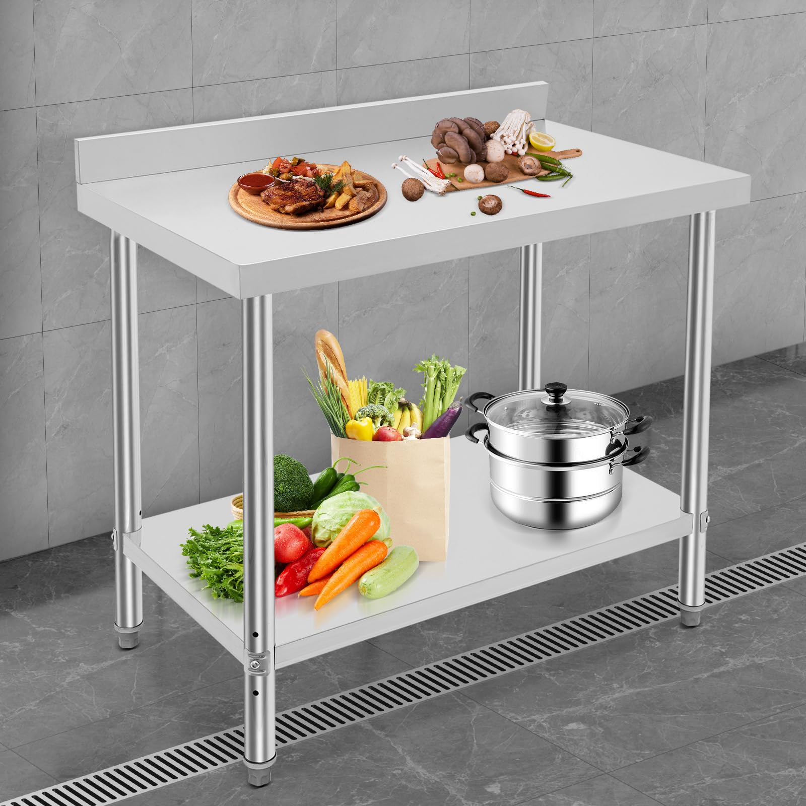 Tavolo da lavoro in acciaio inox a 2 ripiani, robusto con scomparto regolabile, portata 500 kg, per cucina, ristorante, bar e magazzino