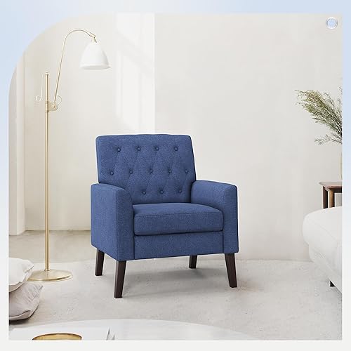 Miniatura 3 de LUE BONA Silla de acento de lino azul marino de 18.5" de altura, sillón con capitoné de botones, cómoda silla de sala de estar con brazos, sillas