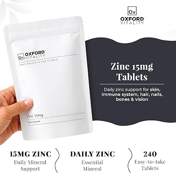 Oxford Vitality Zinc 15mg Tablets | Daily Zinc Supplement for Skin and Immune System Support | Easy to Take Mineral Tablets | UK Manufactured | Pack of 240