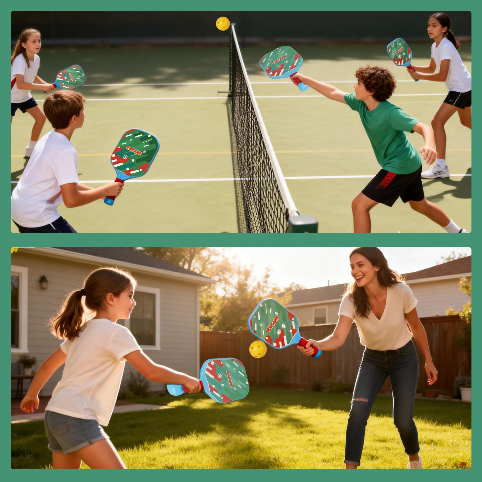 Set Pickleball: 2 Racchette e 4 Palline per Bambini, Peso Leggero 200g, Impermeabile. Per Giardino, Spiaggia, Piscina. Regalo per Principianti